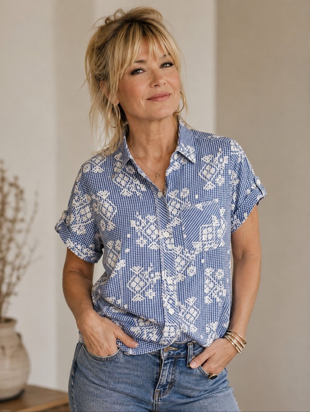 Woolrich Women’s Blue & White Gingham Floral Button-Up Shirt – XS/XP